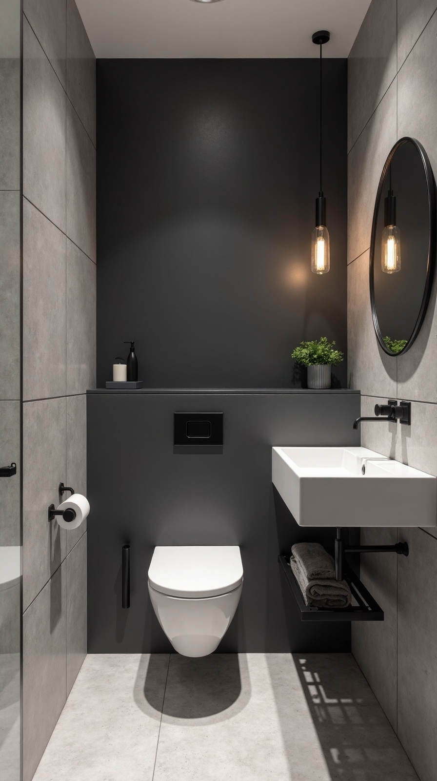 charcoal walls create dramatic bathroom depth