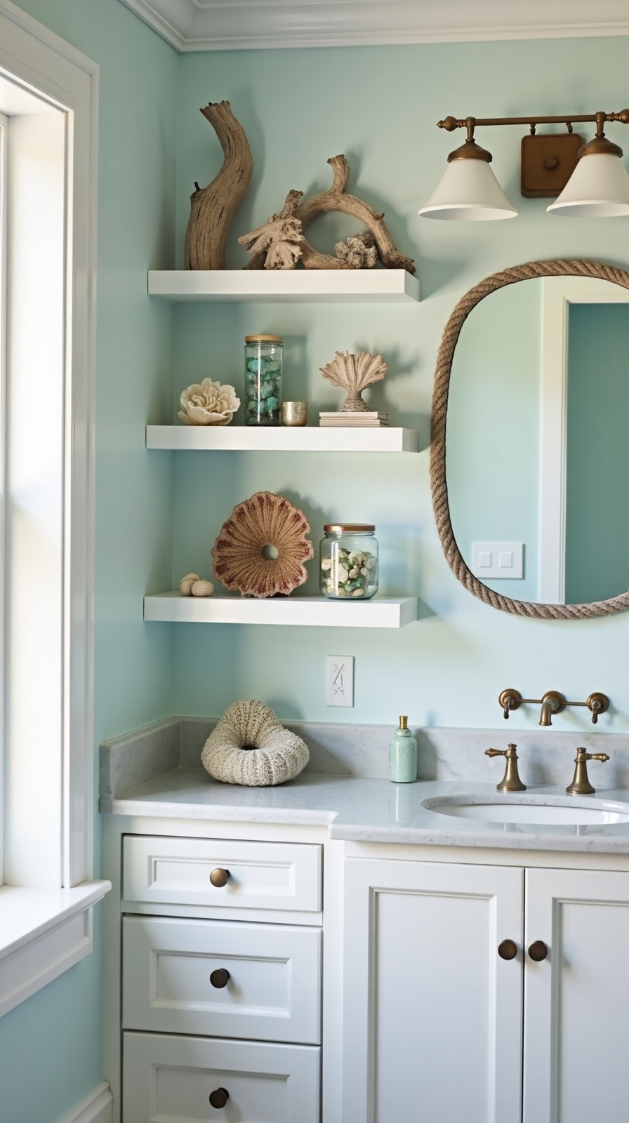 coastal nature inspired floating bathroom shelves