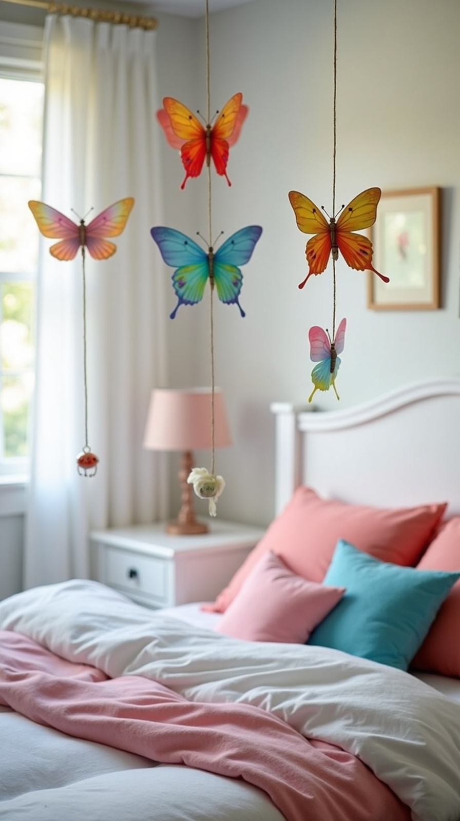 colorful floating butterfly mobile above bed