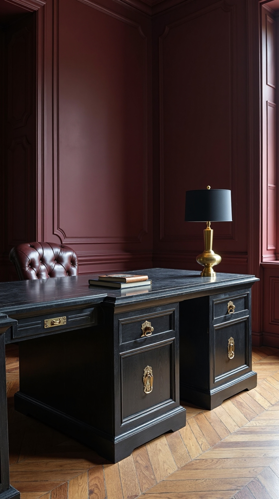 commanding dark desk centerpiece for home office