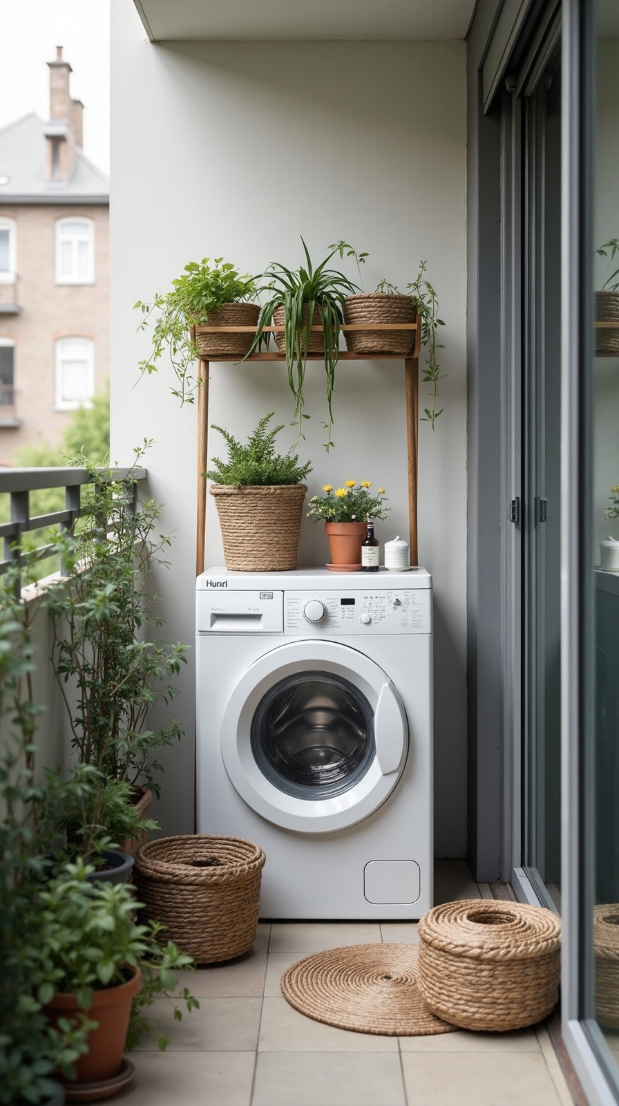 compact efficient organized balcony laundry