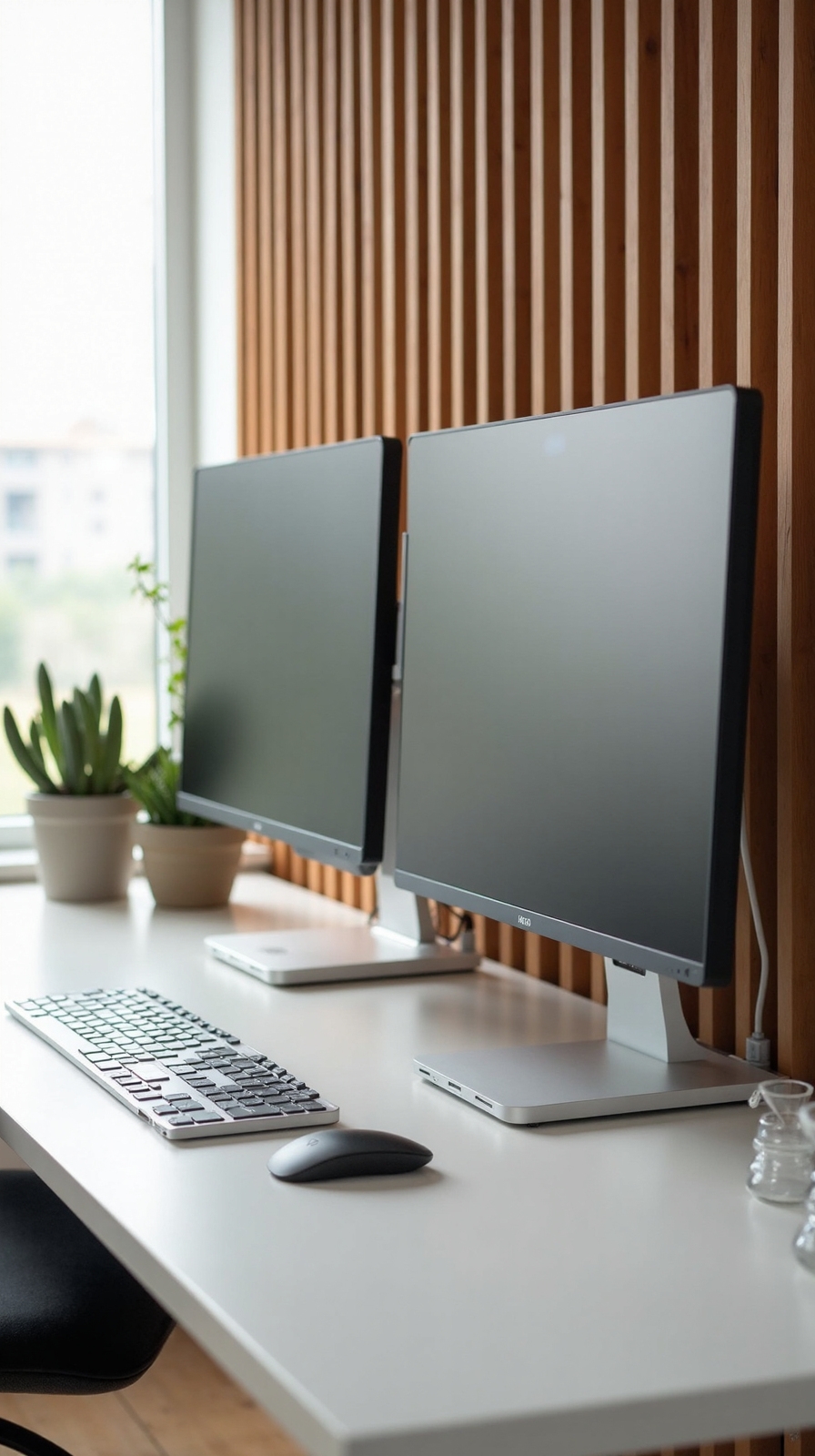 compact minimalist dual monitor setup