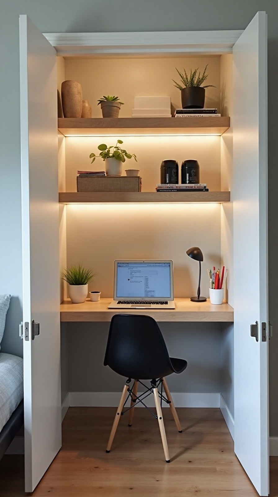 compact workspace from converted closet