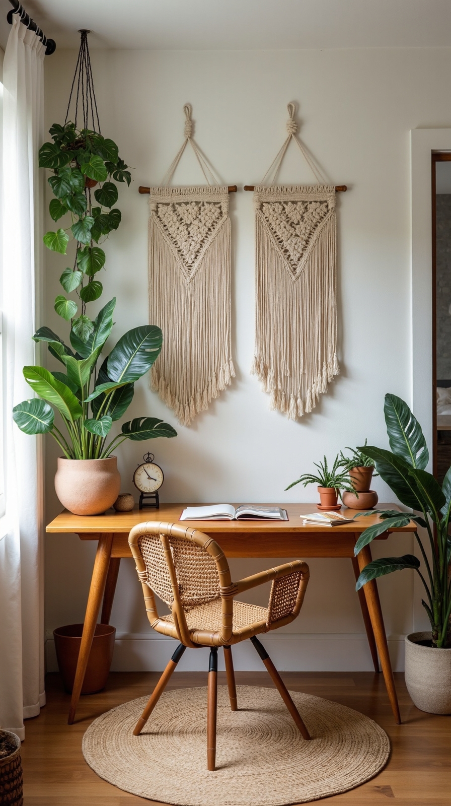 cozy bohemian workspace with natural greenery