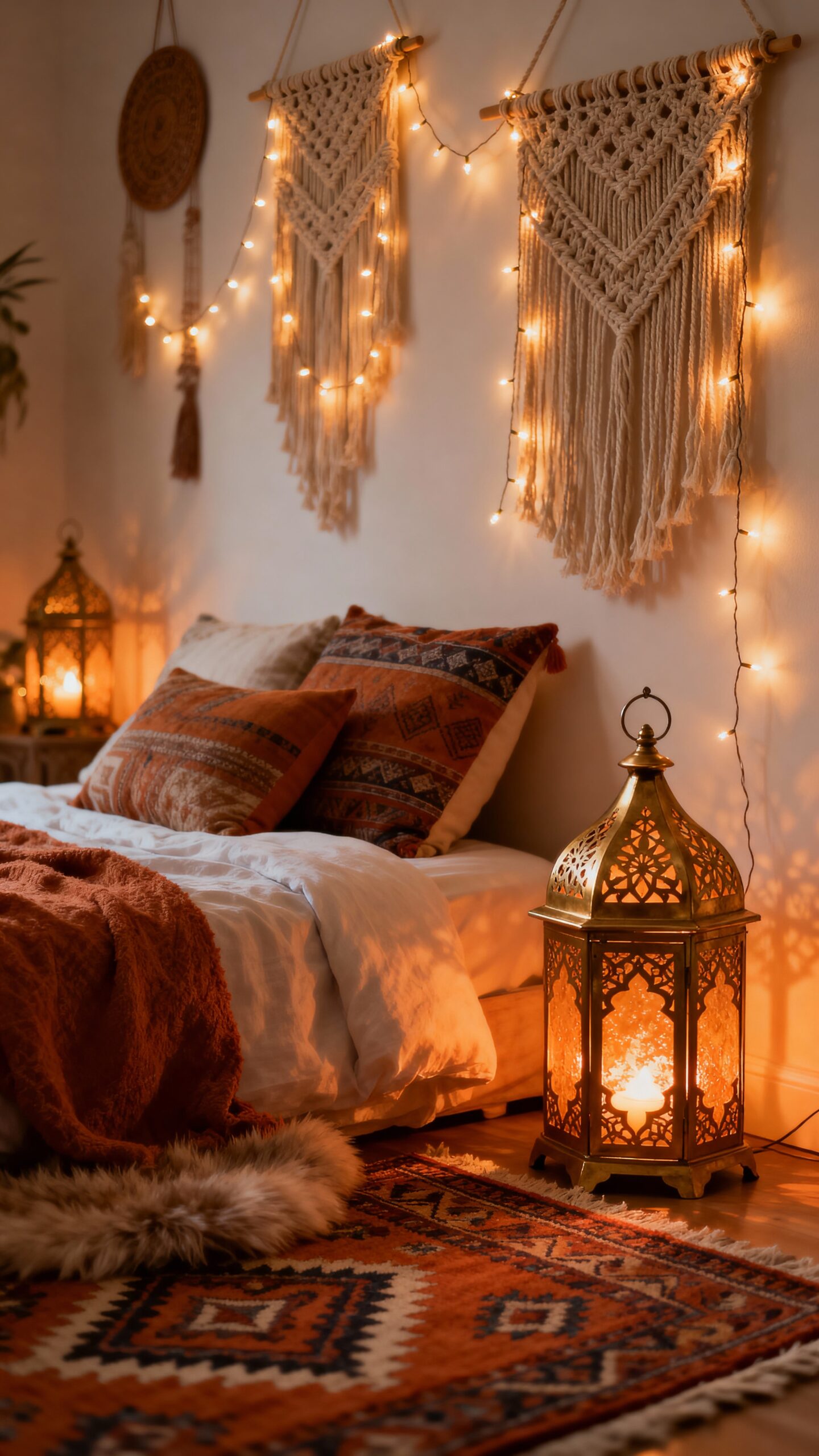 cozy boho sanctuary with ambient lighting