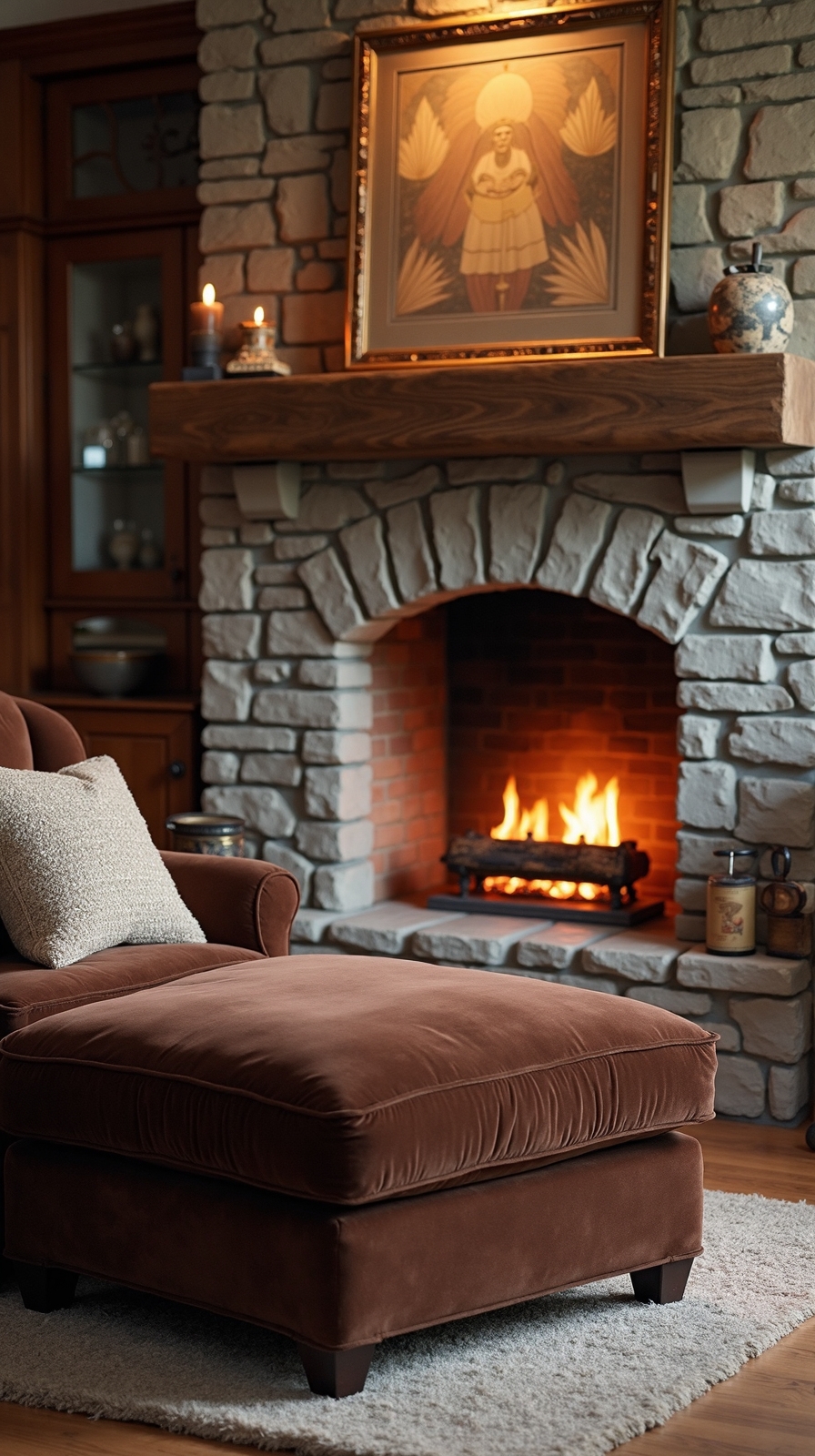 cozy chocolate leather fireside focal point