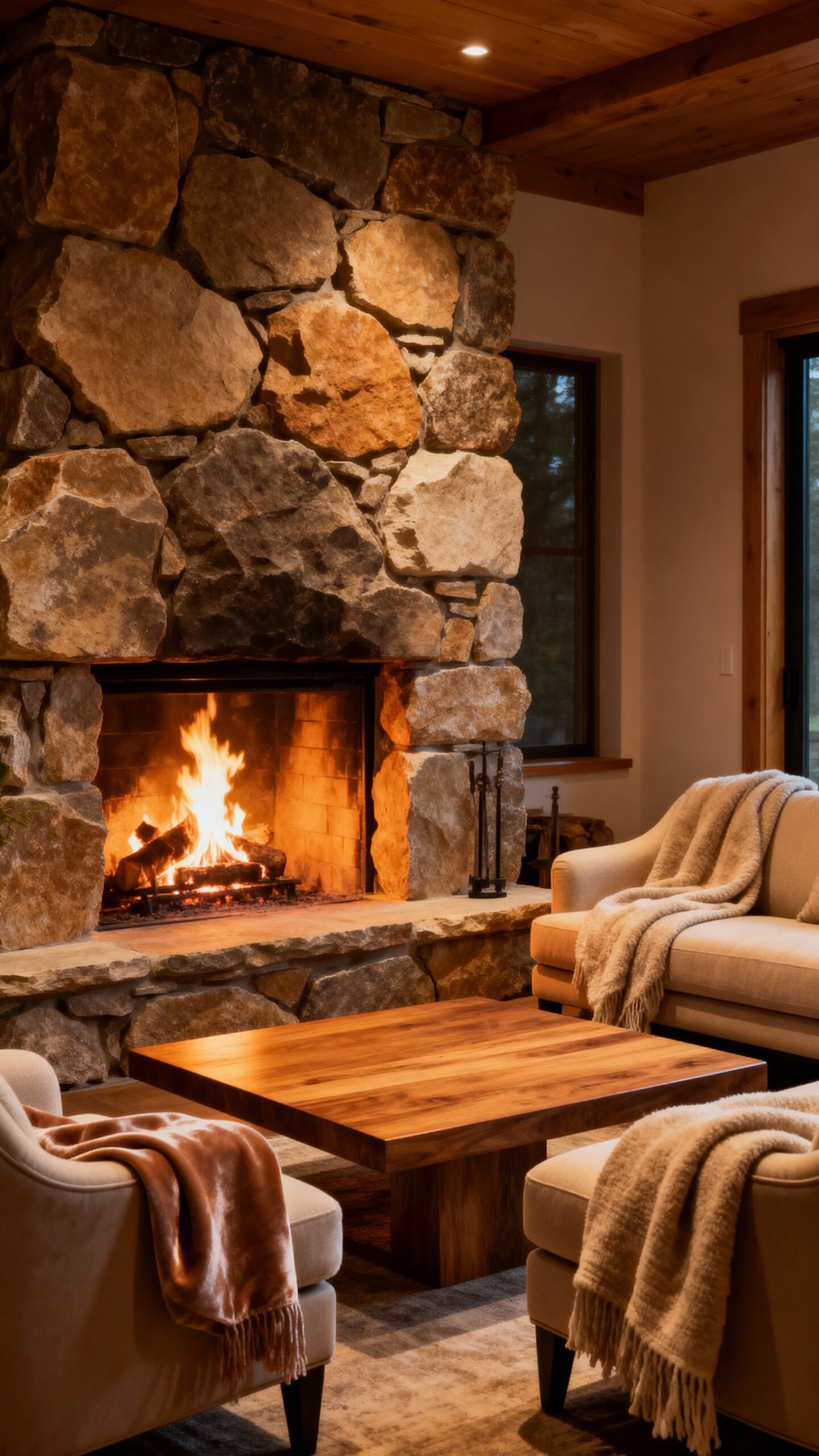 cozy compact stone clad fireplace seating
