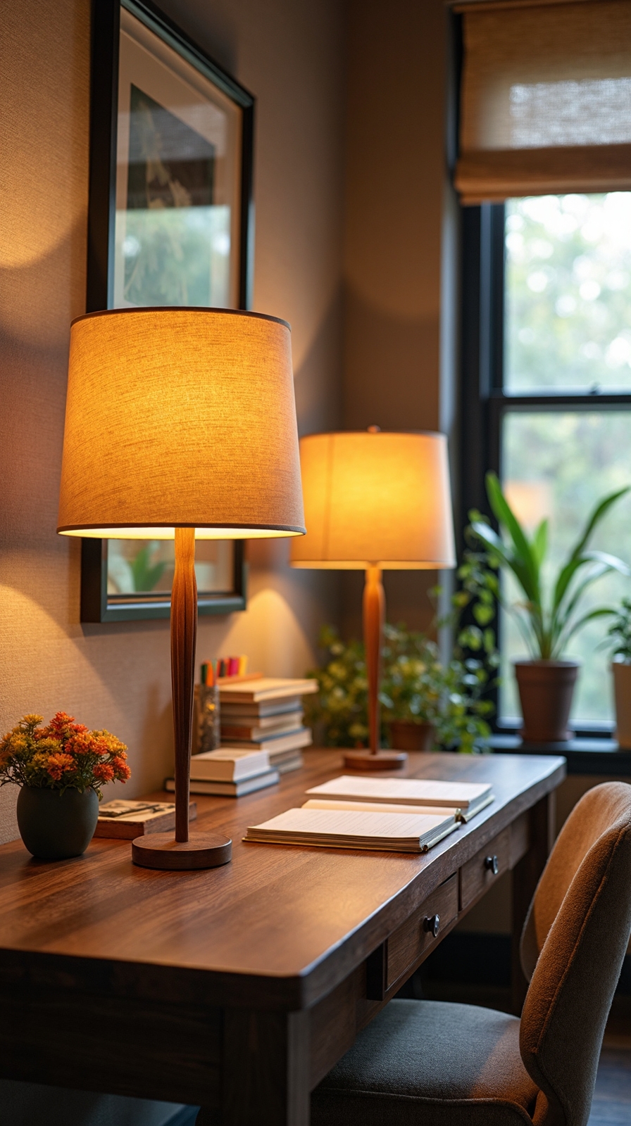 cozy fabric lampshades create inviting workspace