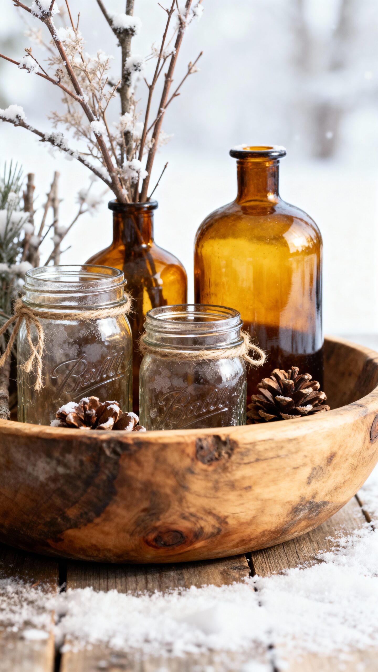 cozy farmhouse vintage glass vignette