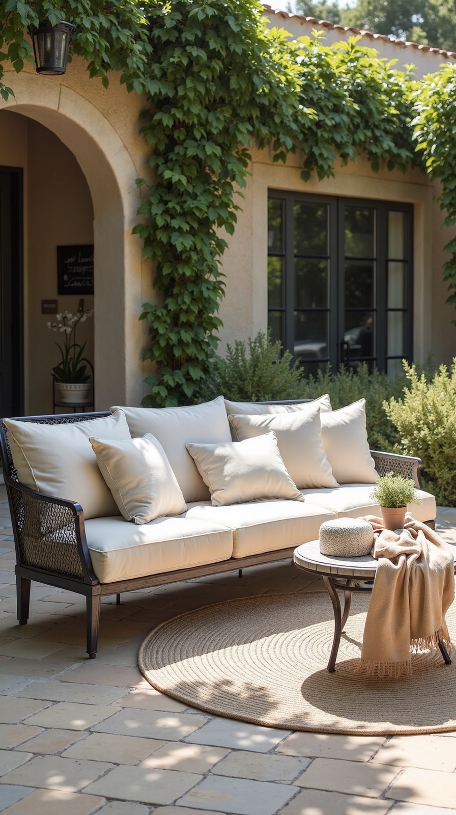 cozy french patio retreat with neutral linen