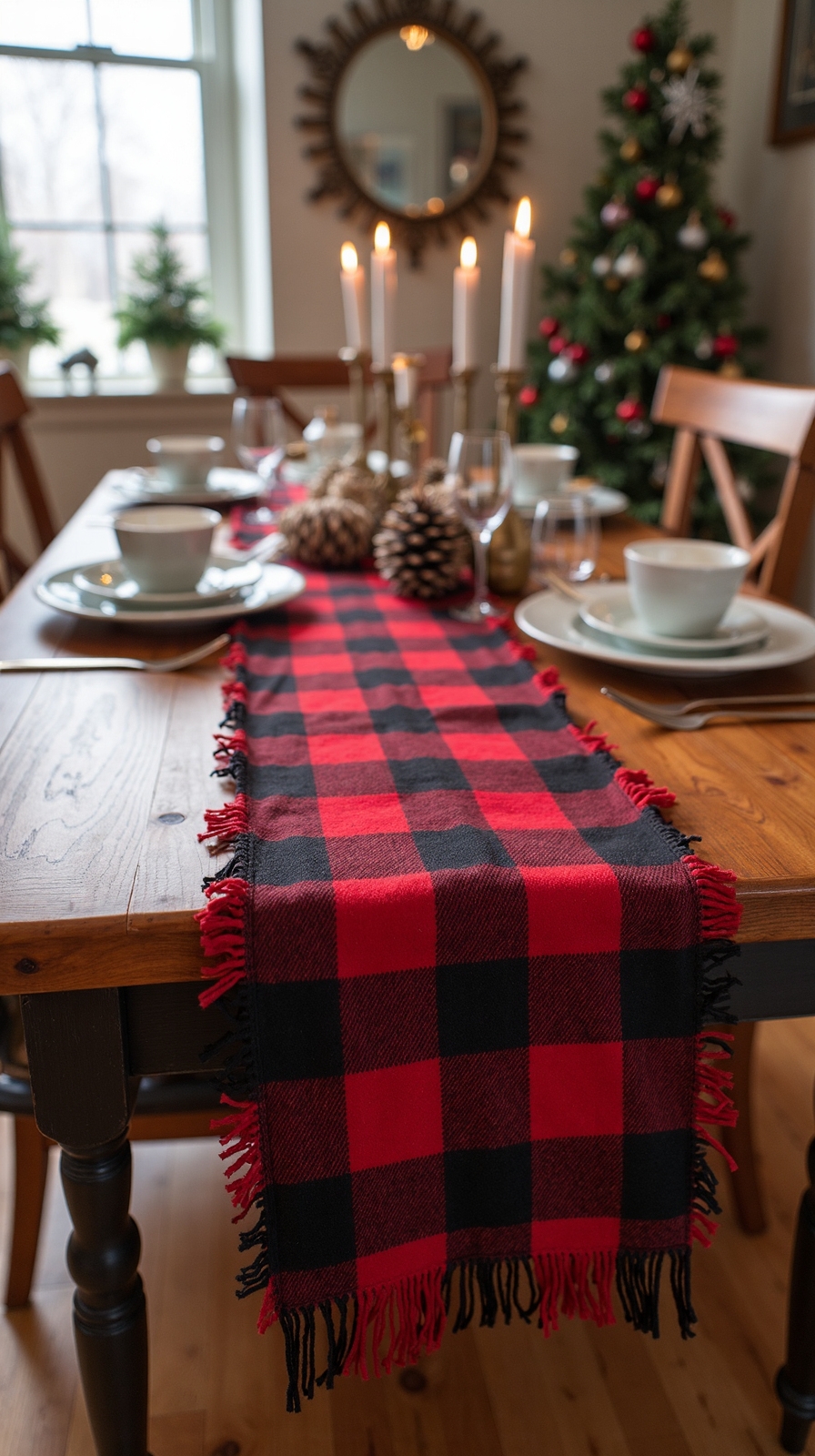 cozy fringe detailed plaid flannel table runner