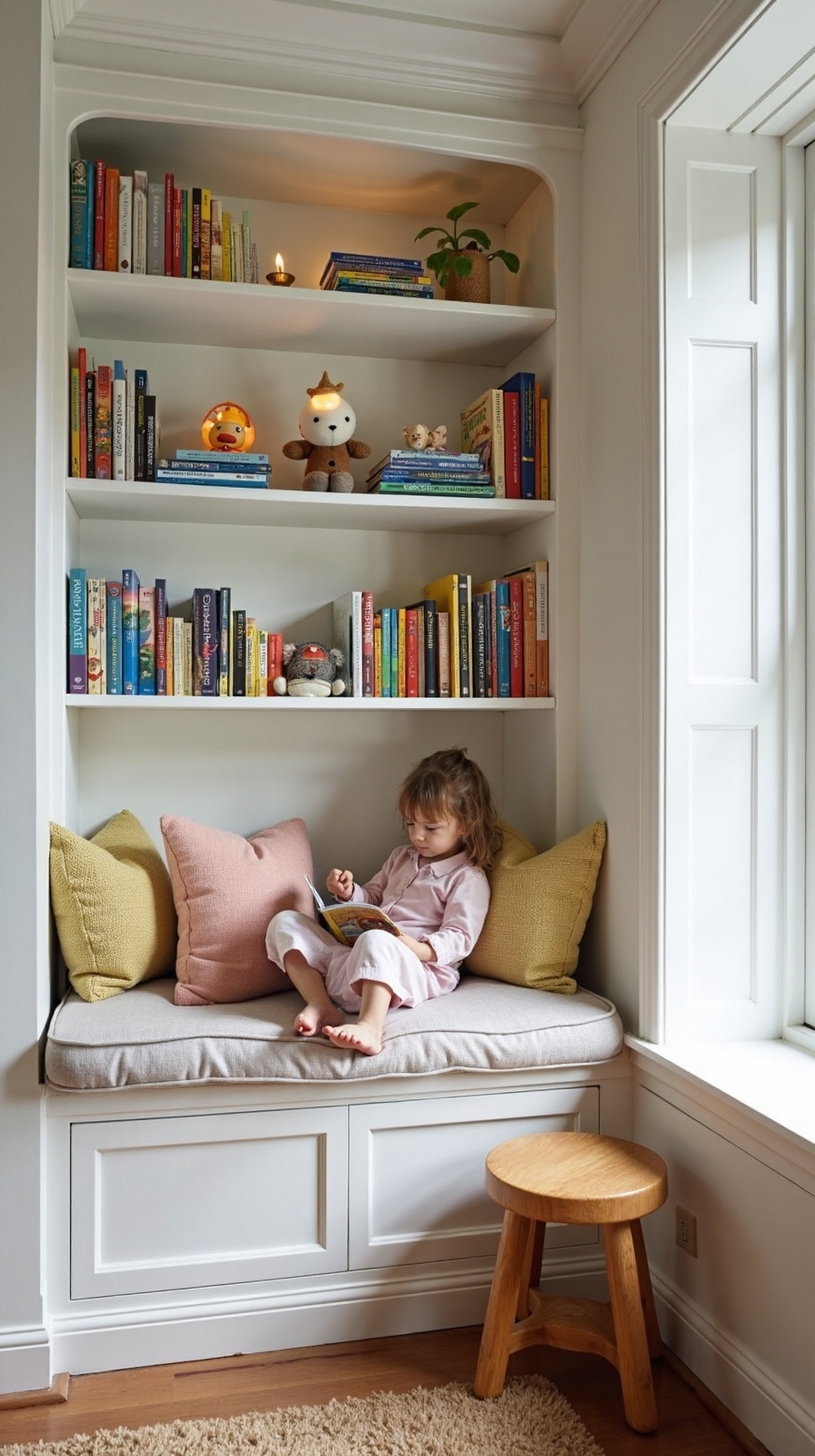 cozy reading nook with built in shelving