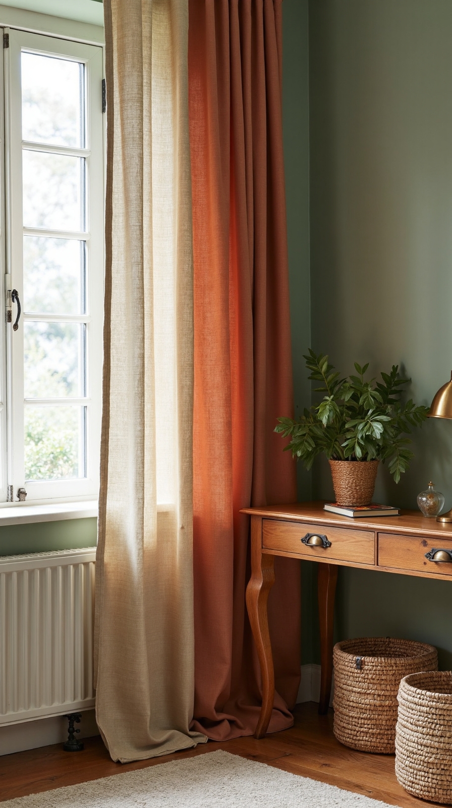 cozy rustic workspace natural fiber curtains