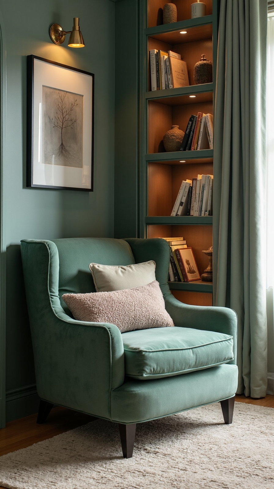 cozy sage green reading nook