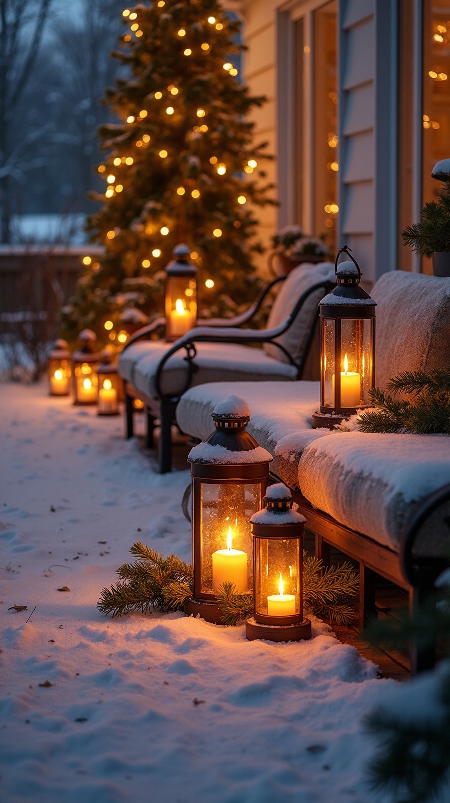 cozy warm inviting outdoor winter lighting
