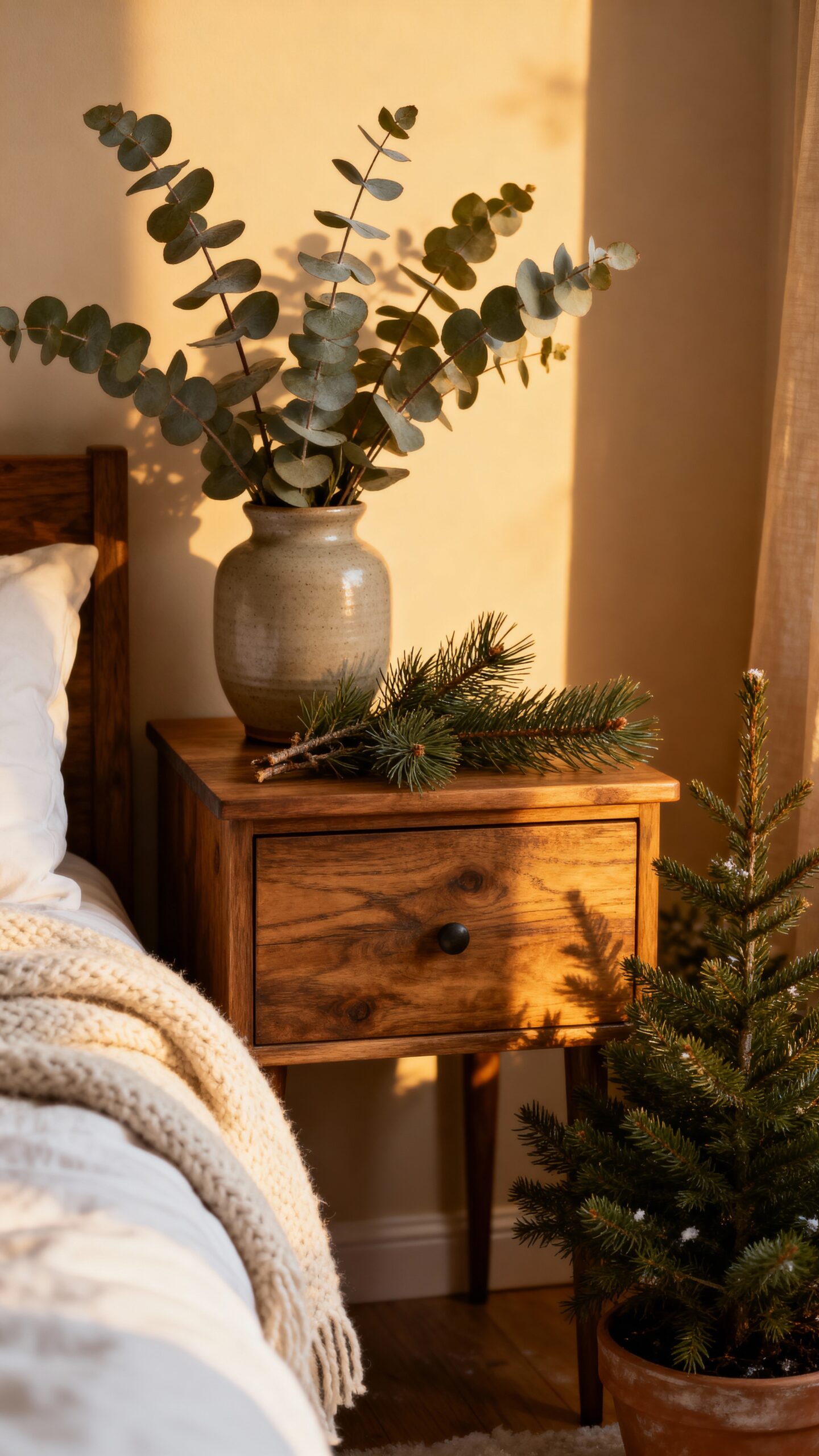 cozy winter bedroom greenery display