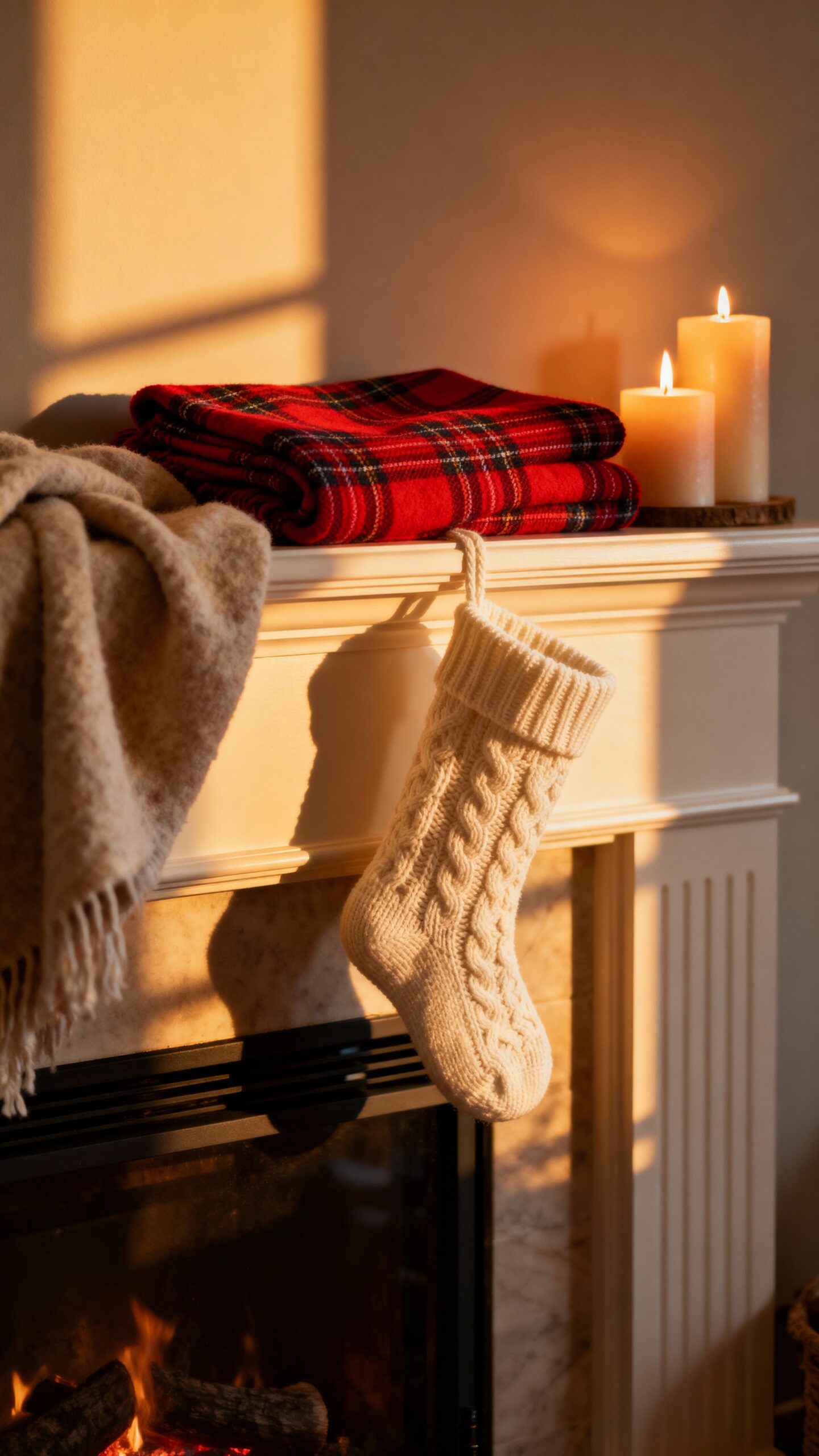 cozy winter fireplace textile layering