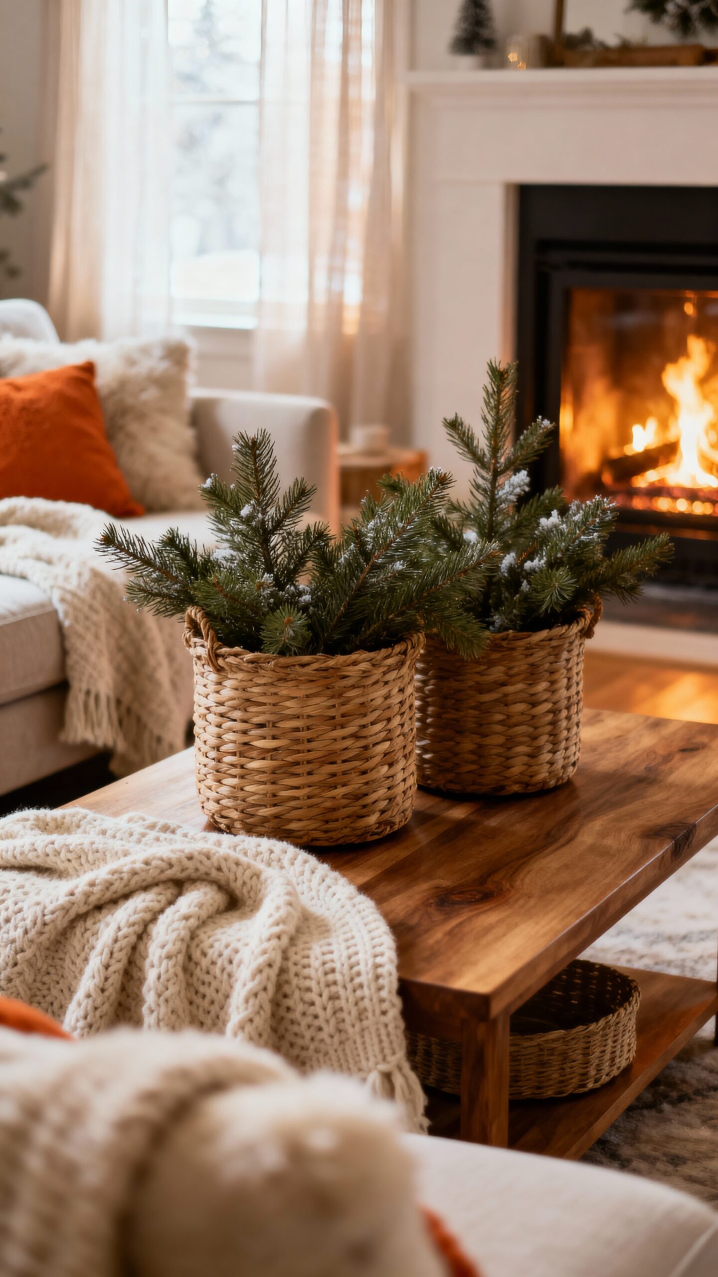 cozy winter greenery basket display