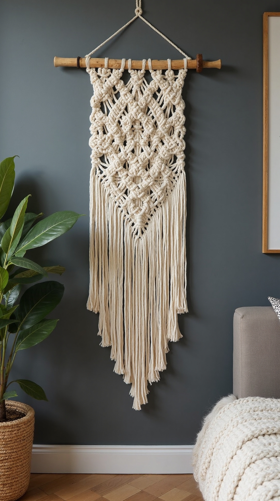 cozy winter themed macrame and fiber art