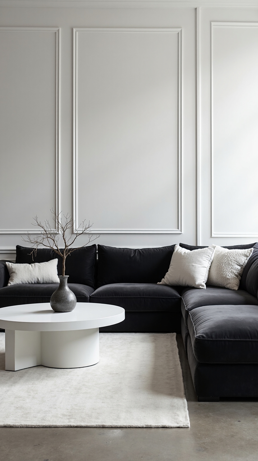 crisp modern charcoal white living room design