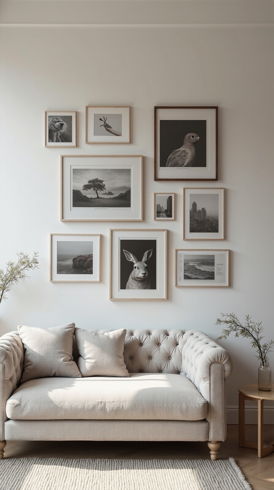 curate personalized gallery wall behind sofa