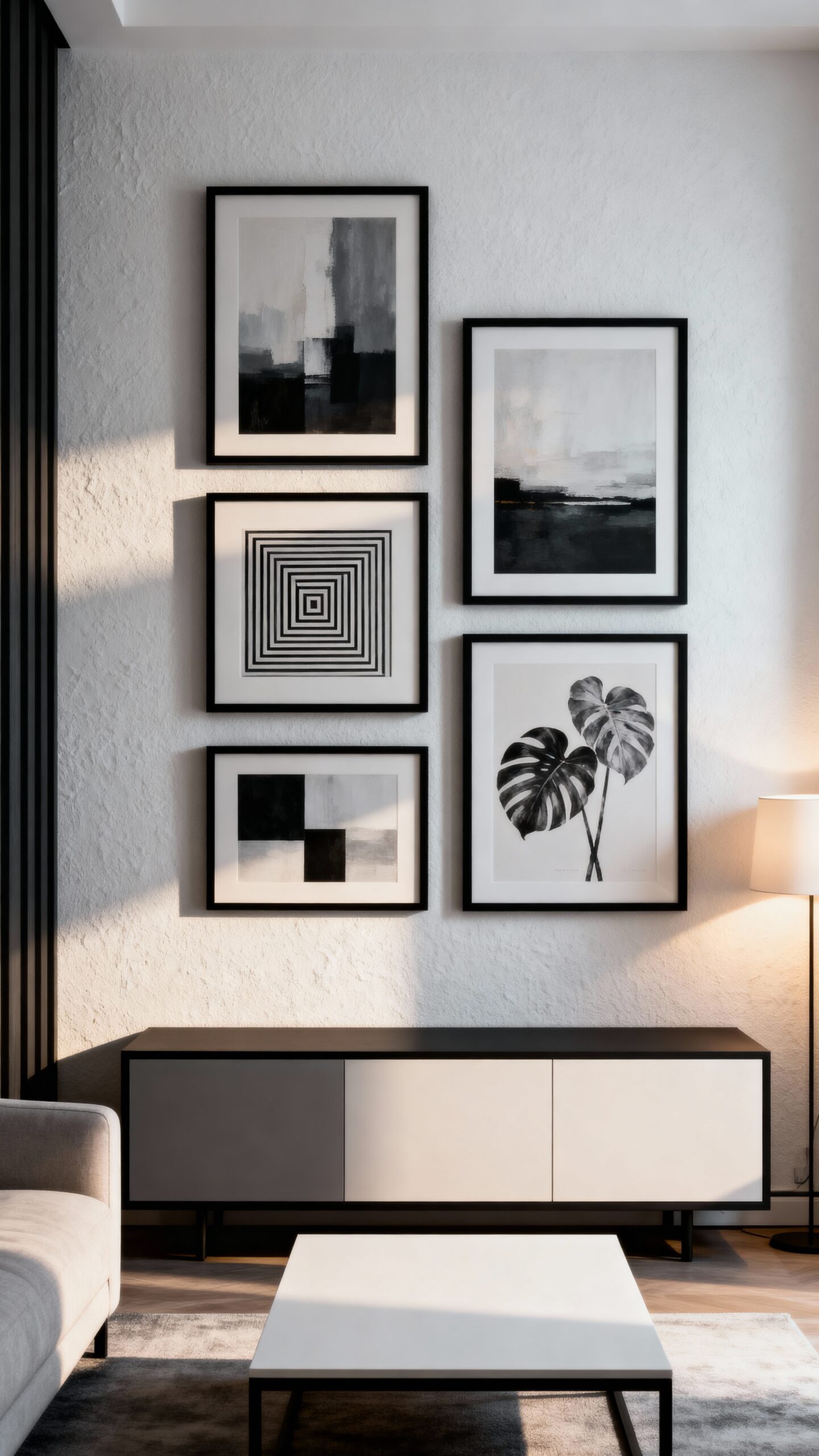 curated artwork enhances compact living space