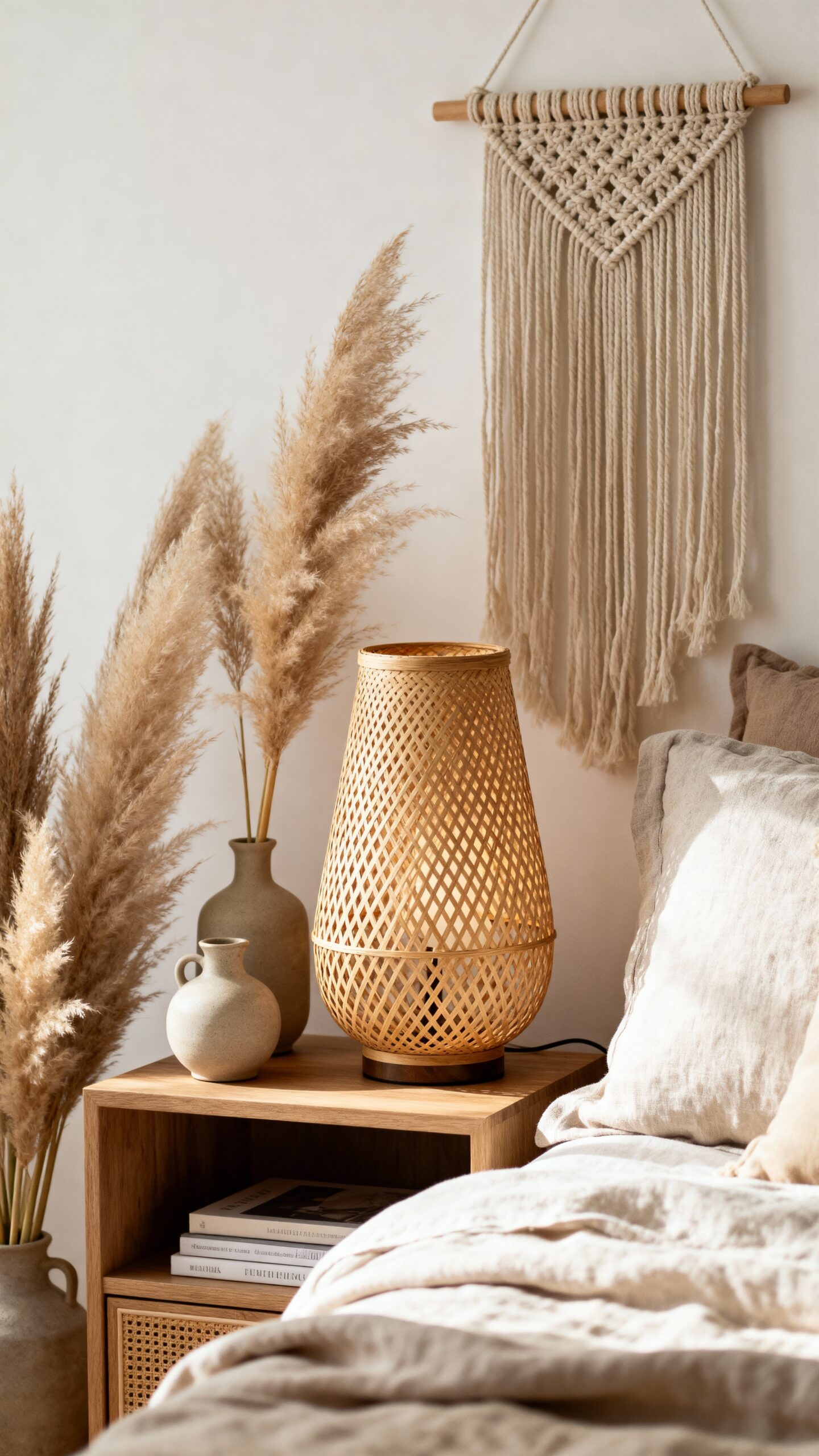 curated boho bedside storage and decor