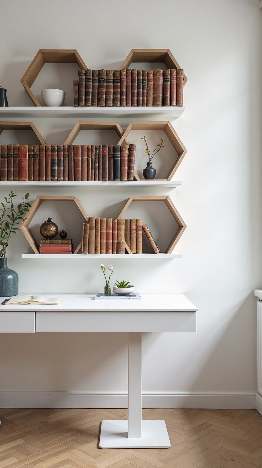 curated book gallery behind minimalist desk