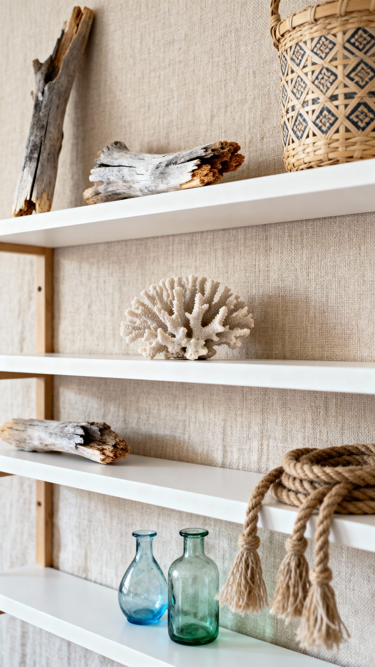 curated coastal beach inspired open shelving