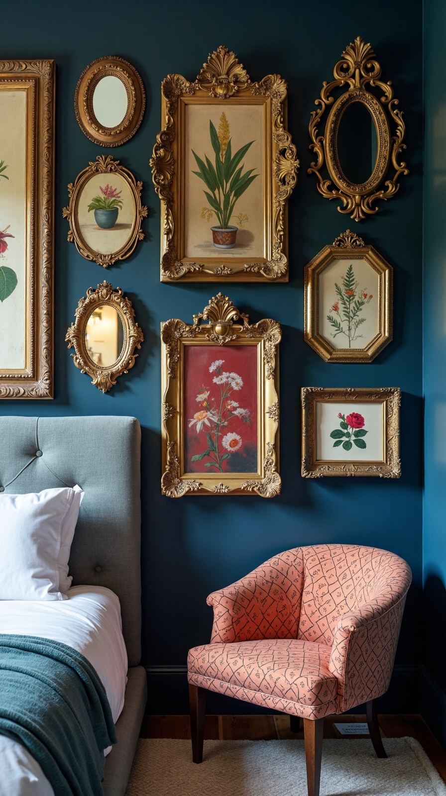curated maximalist bedroom gallery wall