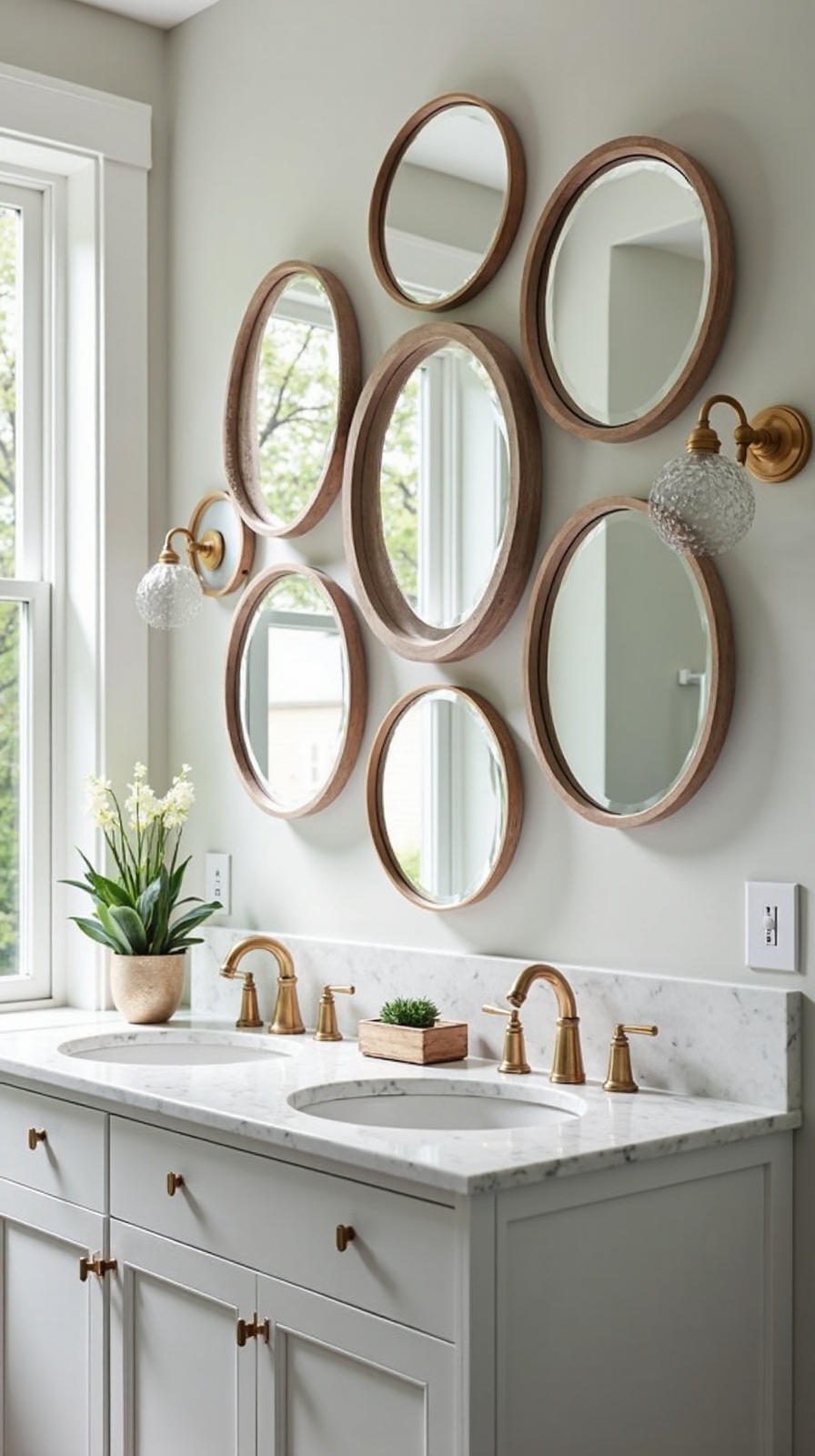 curated mirror gallery brightens bathroom
