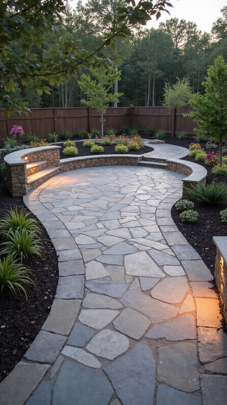 curving stone patio design focal point