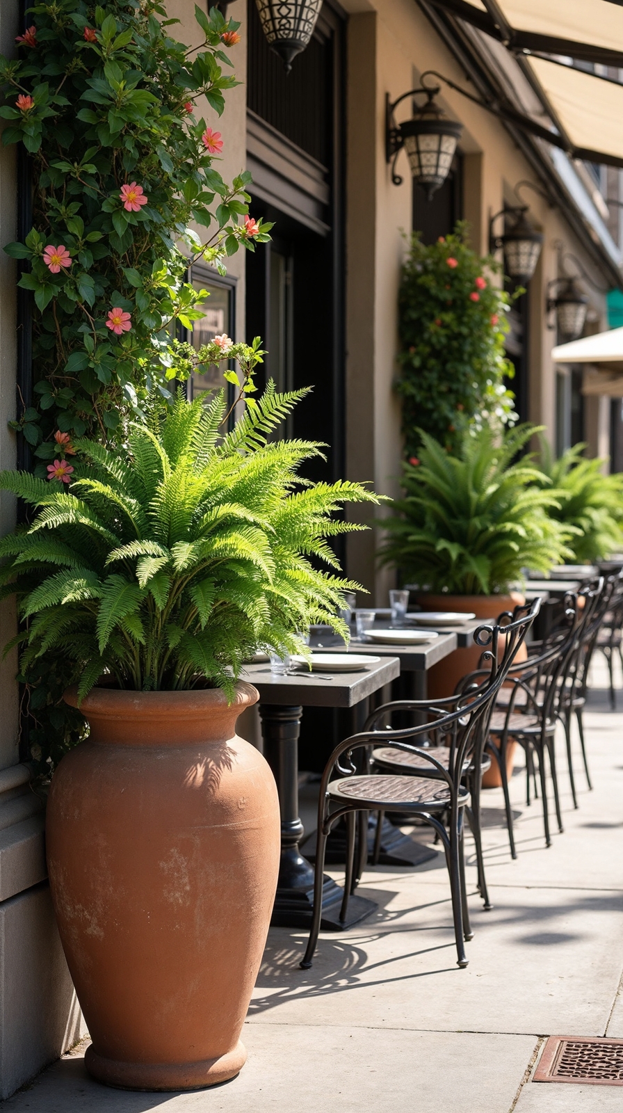 decorative planters enhance outdoor dining