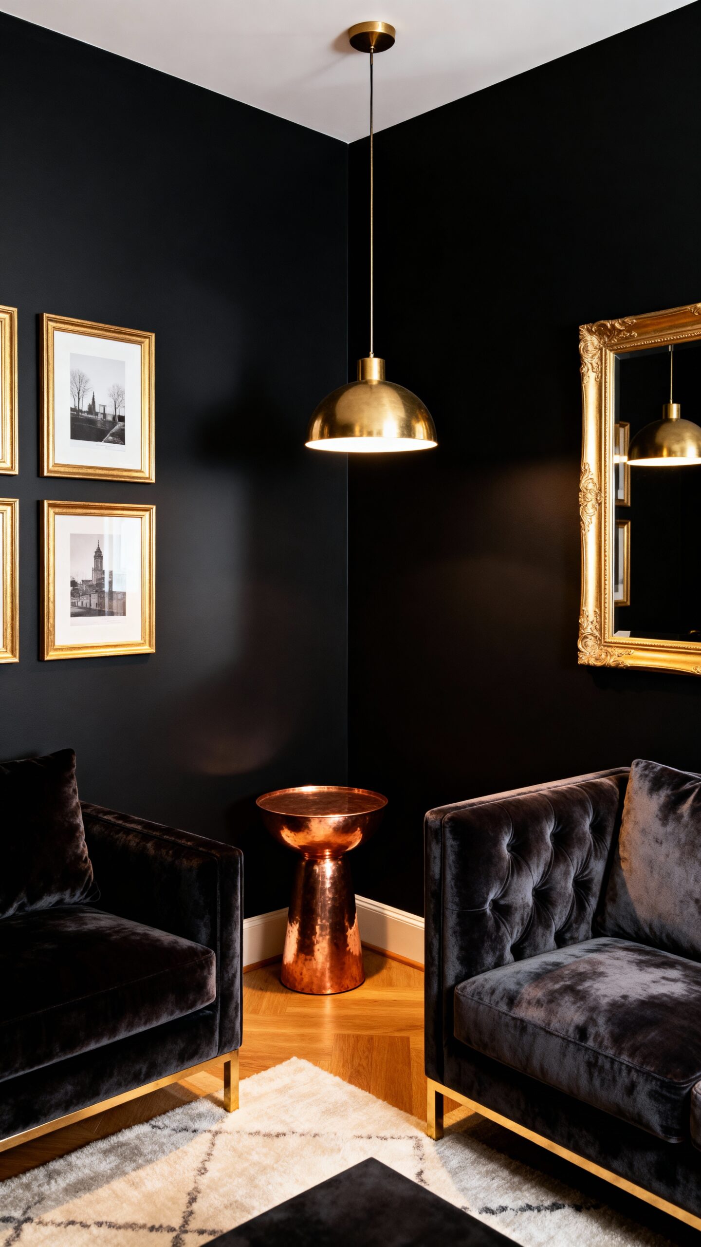 dramatic black walls metallic accents shimmer