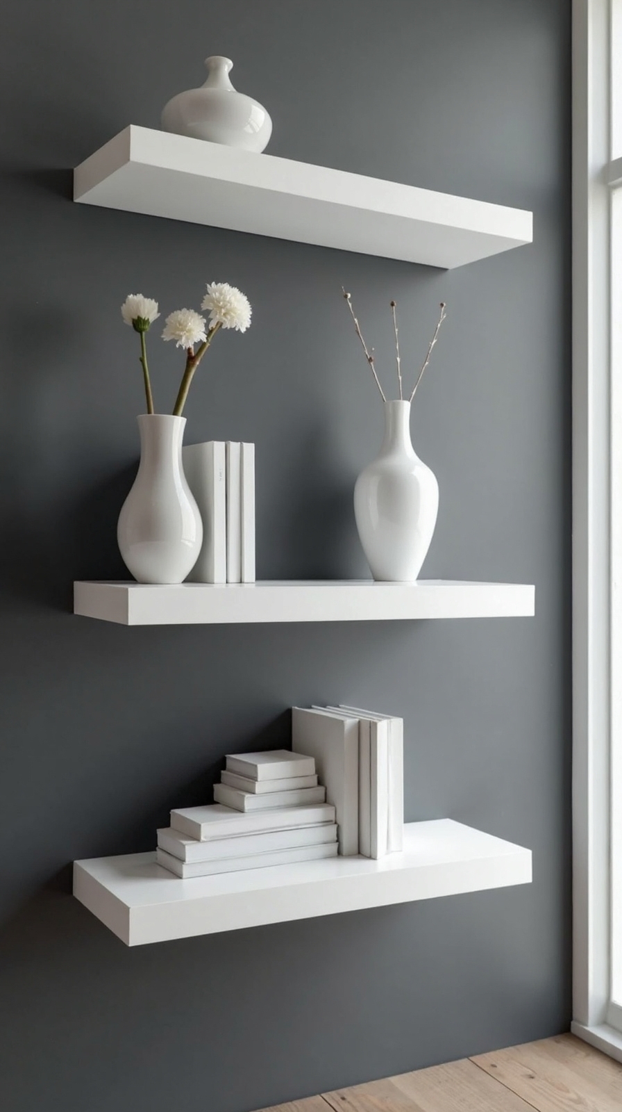 dramatic charcoal and minimalist white shelves