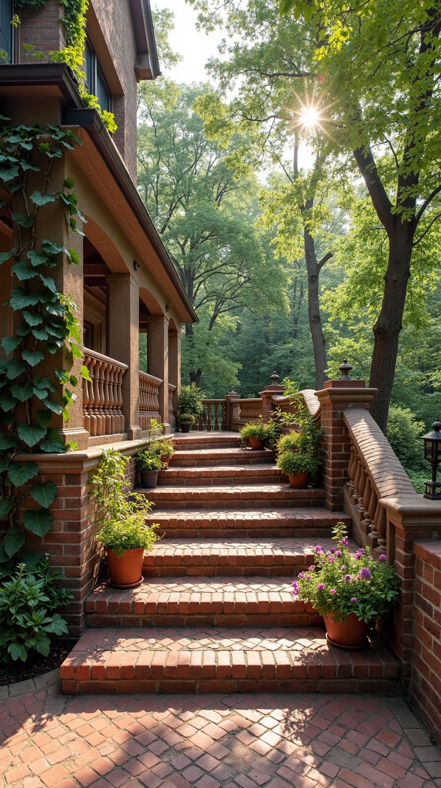 dramatic multi tiered brick patio platforms