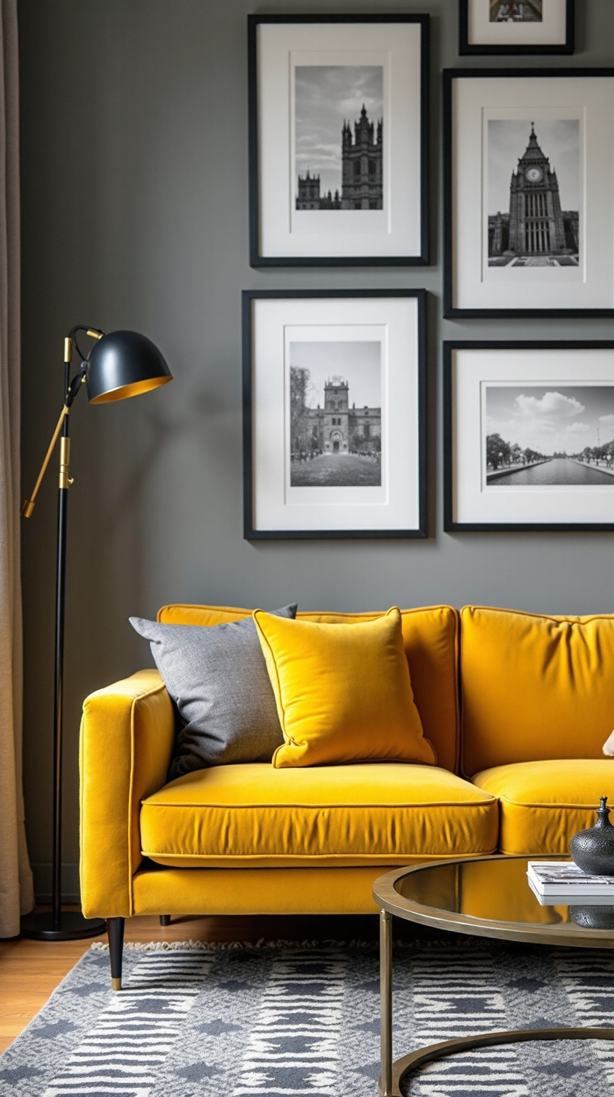 dramatic sophisticated contemporary monochromatic living room