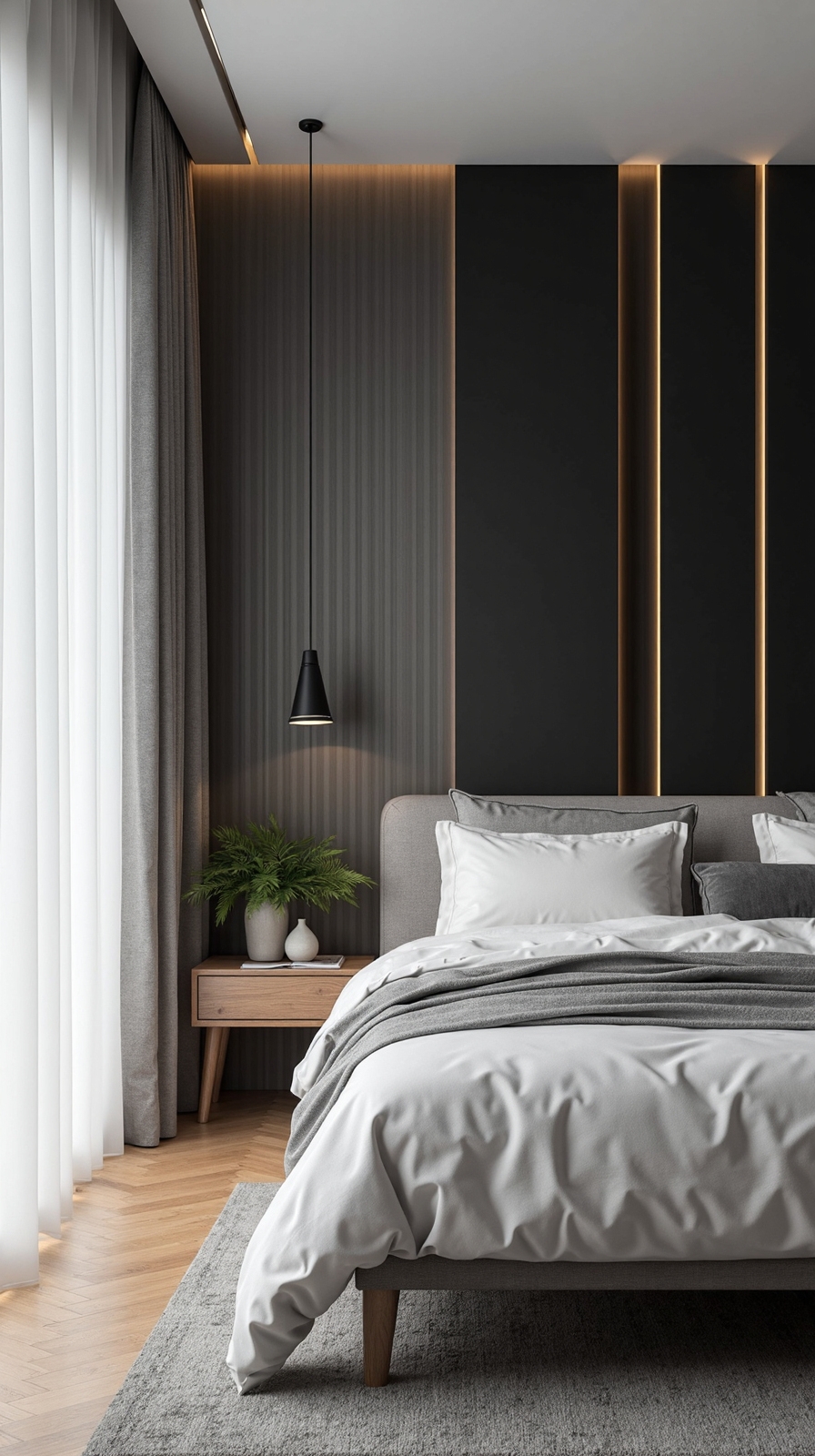 dramatic spacious textural focal bedroom