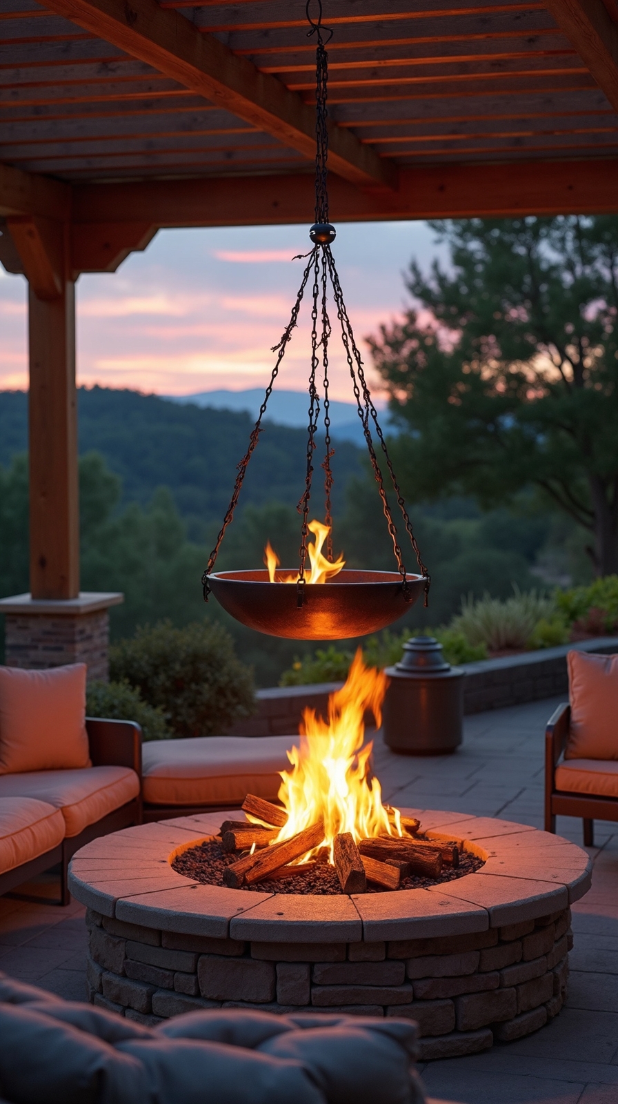 dramatic suspended transformative pergola fire