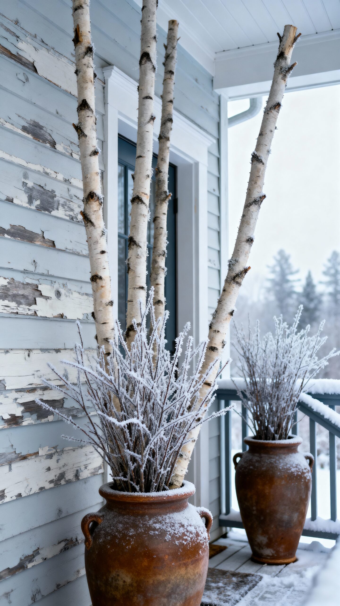 dramatic winter porch decor with branches