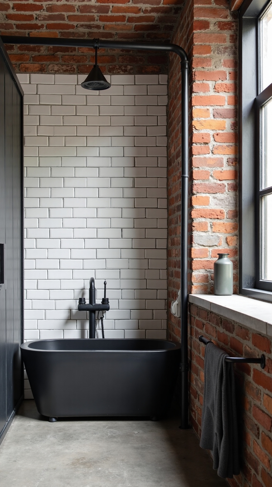 edgy industrial bathroom with black fixtures