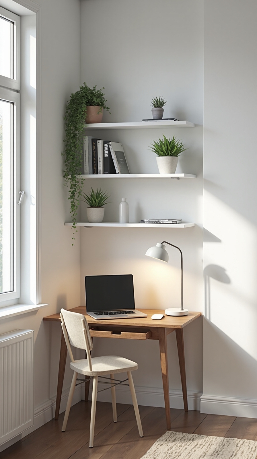 efficient corner desk and floating shelves