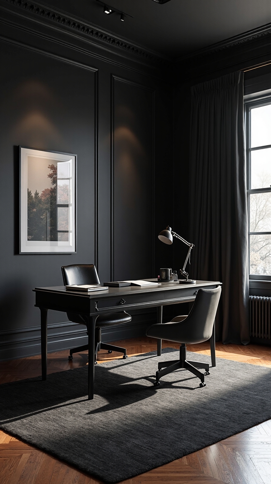 elegant black office with dark floors
