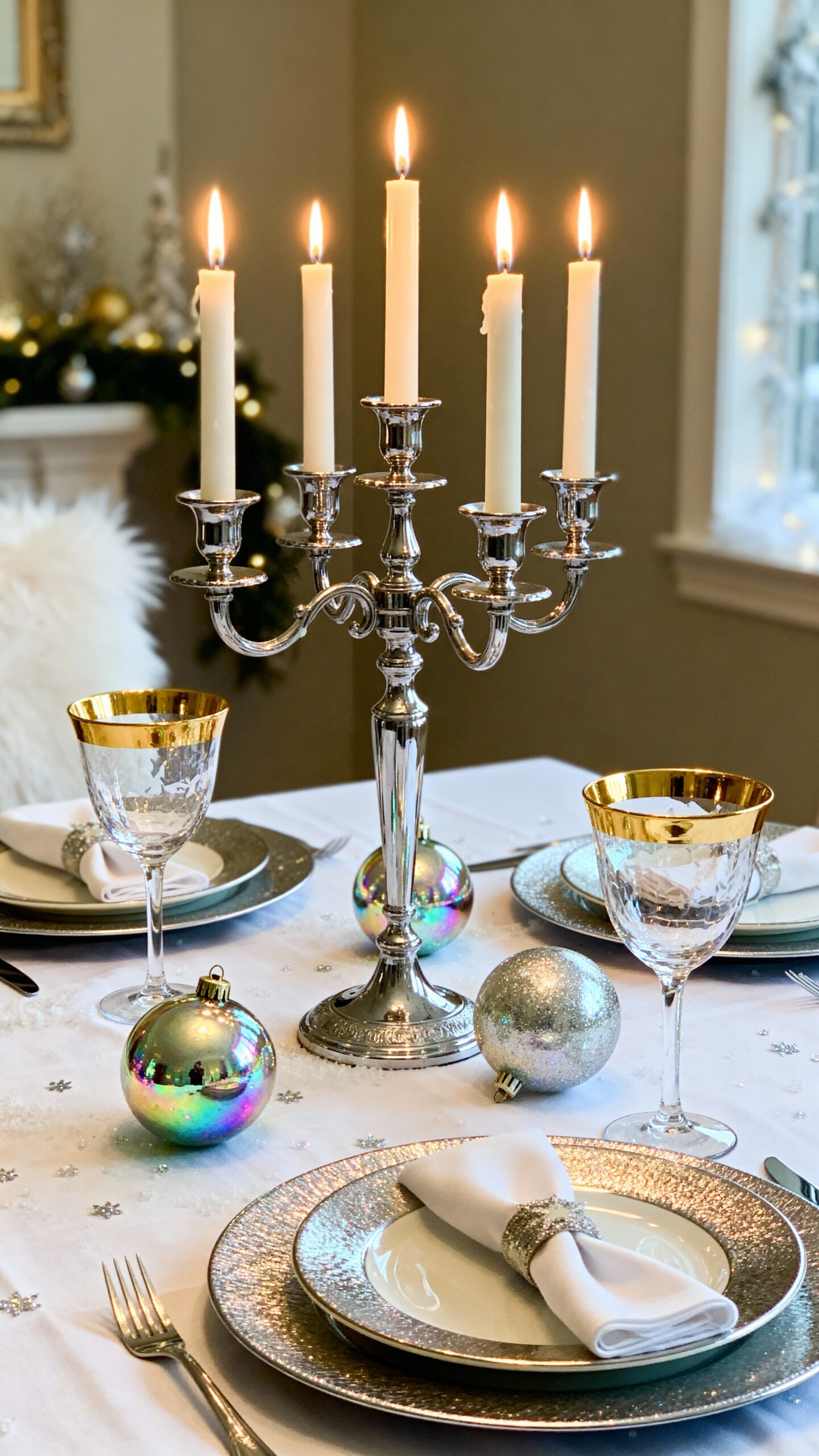 elegant metallic winter wonderland tablescape