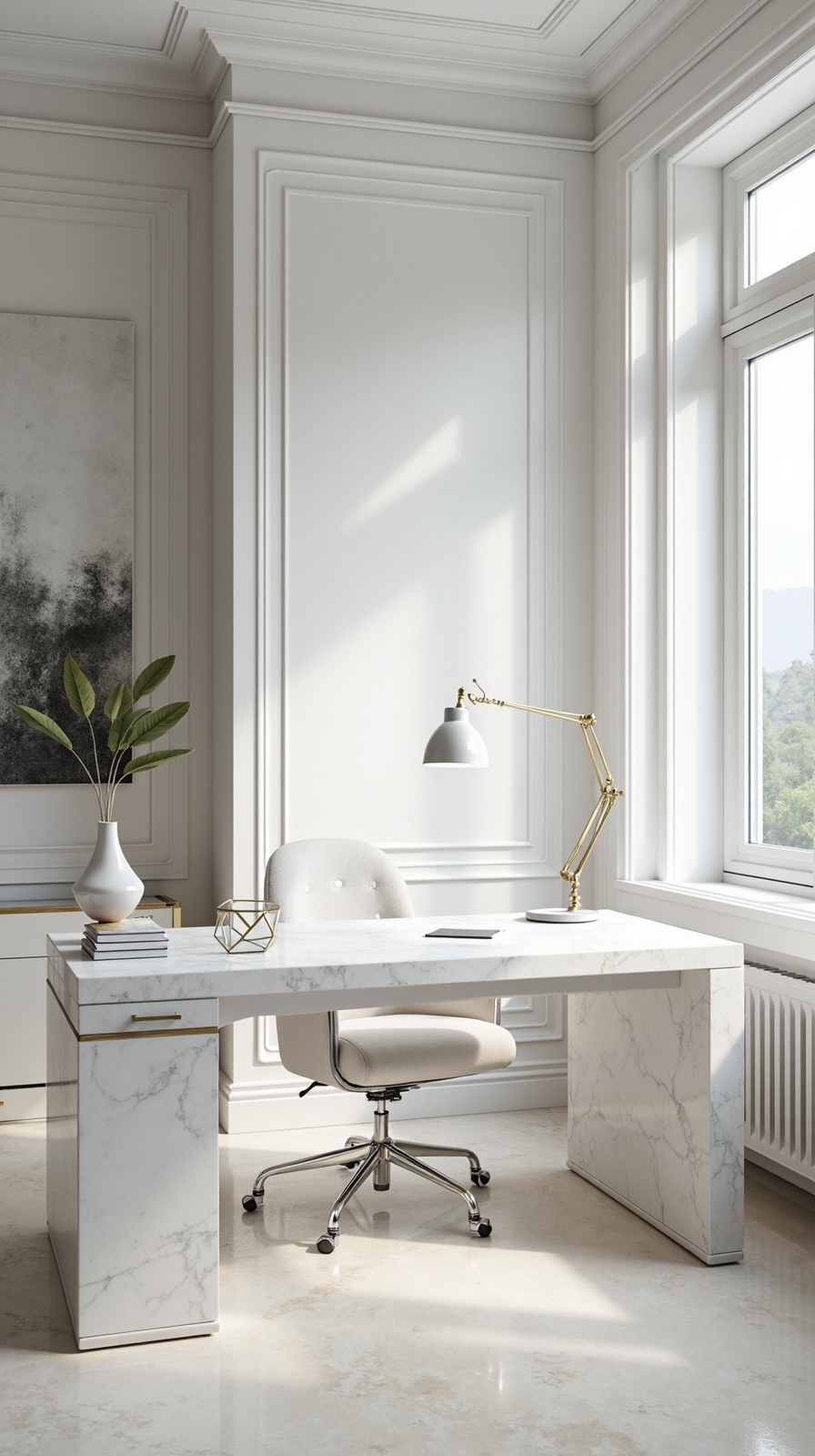 elegant minimalist workspace with marble and chrome