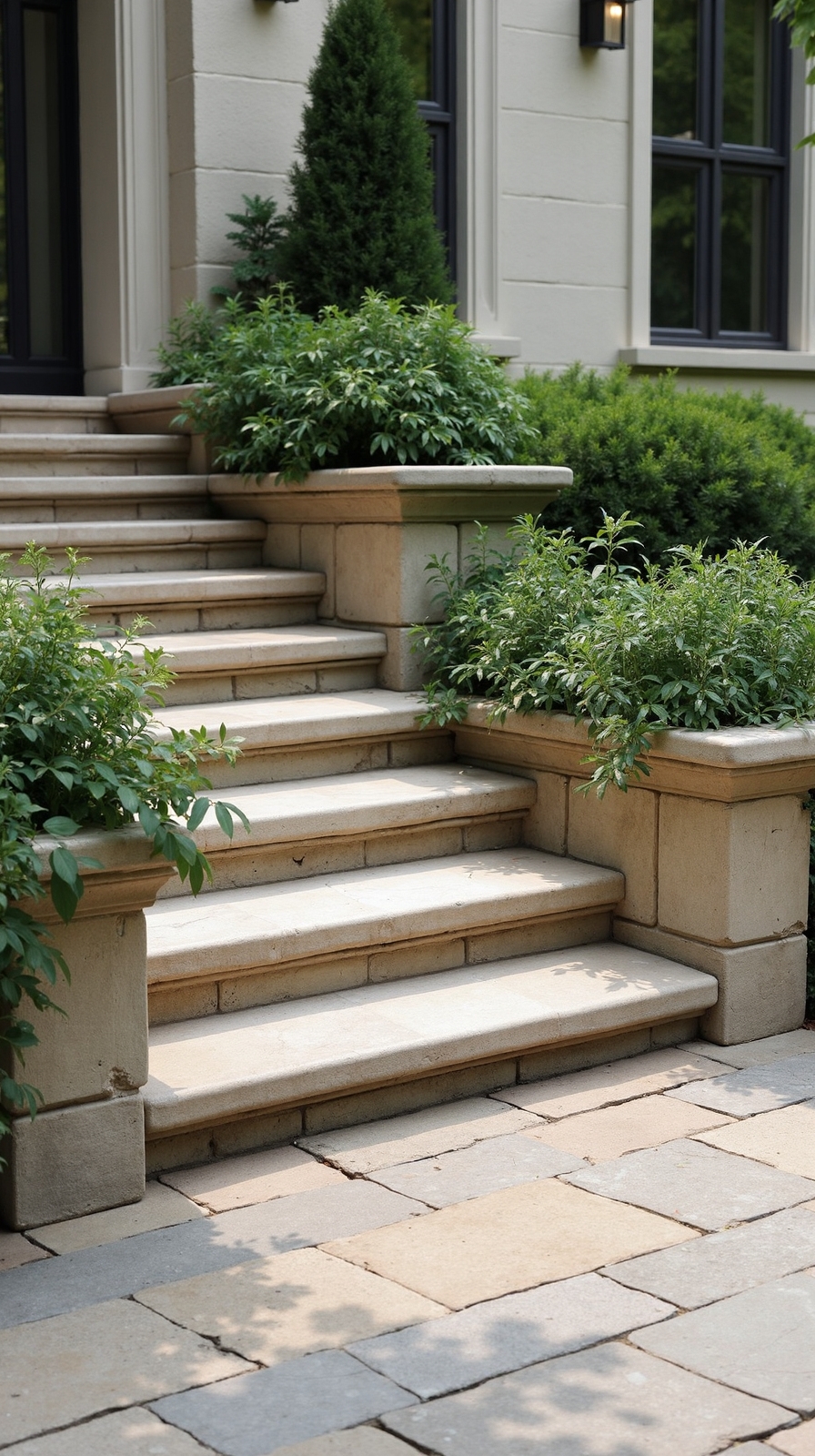 elegant natural stone steps with planters
