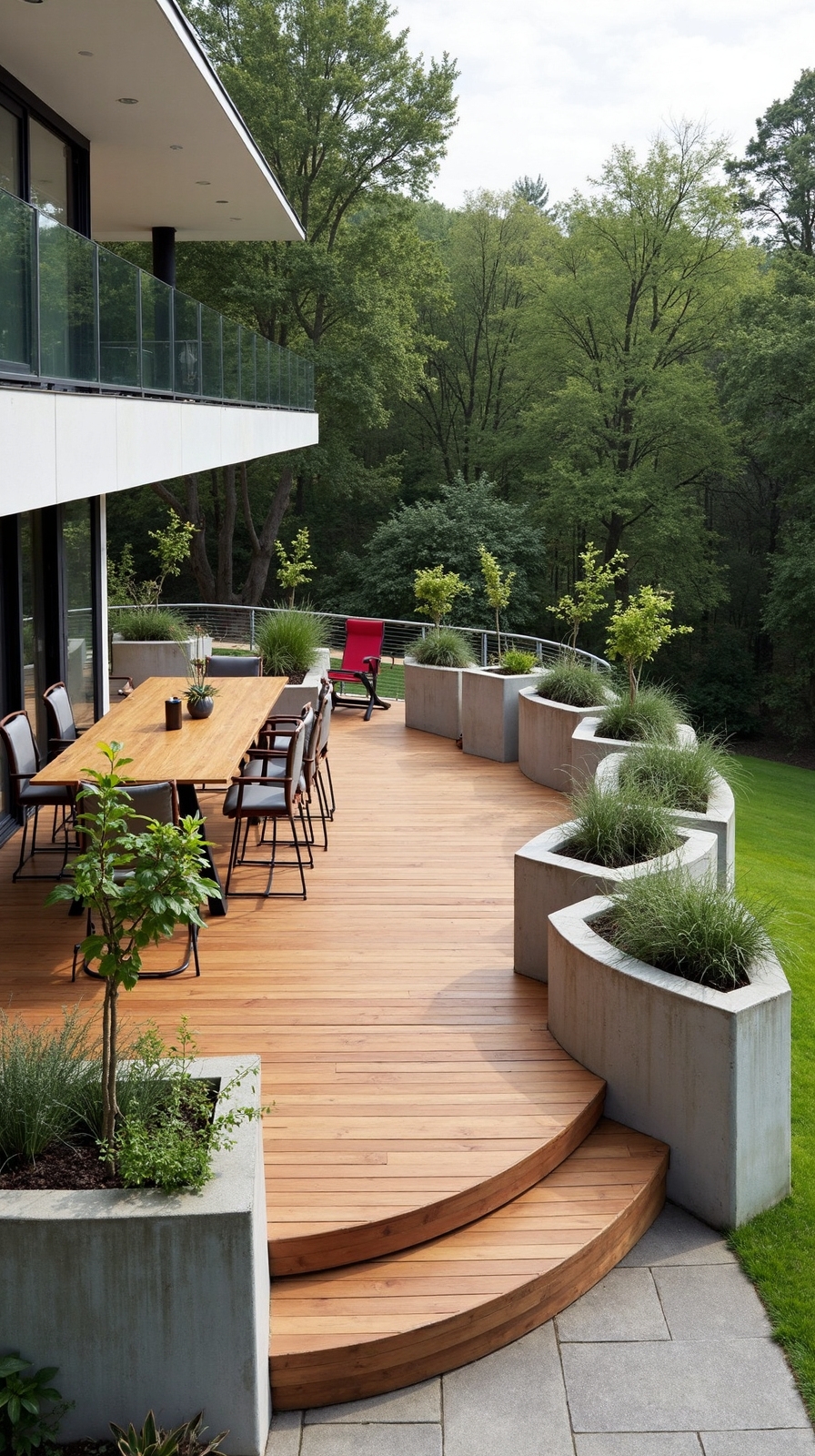 elevated circular deck with integrated planters