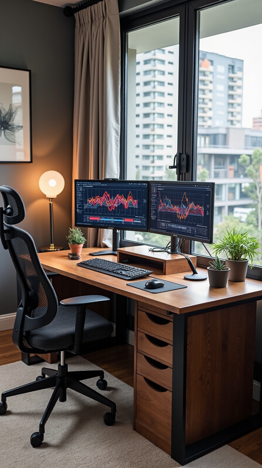 ergonomic dual monitor desk arrangement