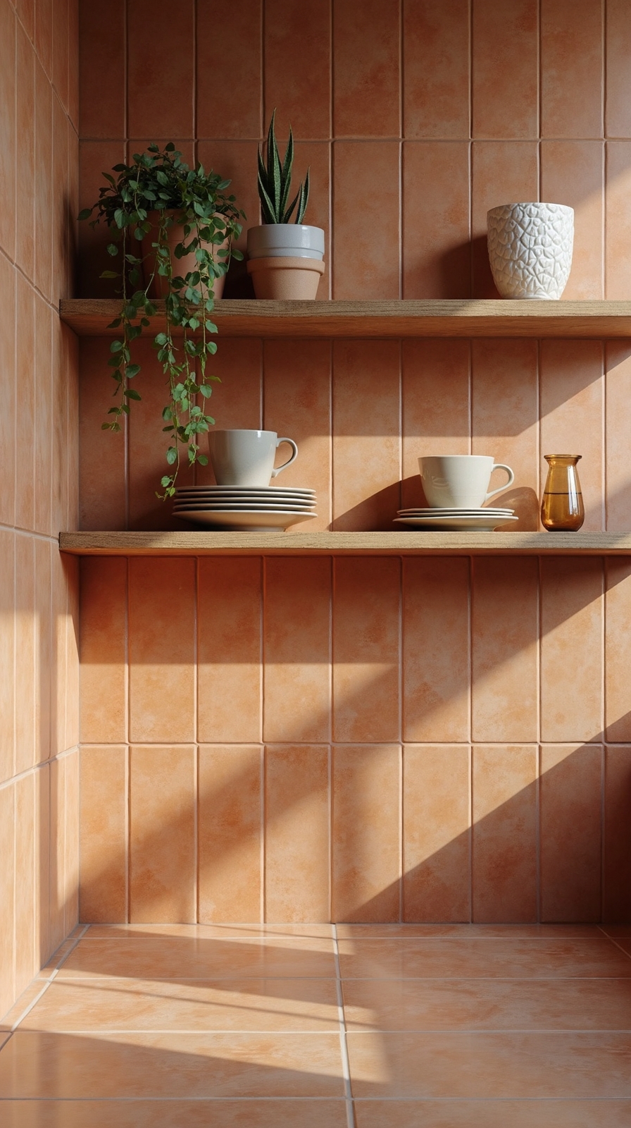 expansive terracotta backdrop for open shelving