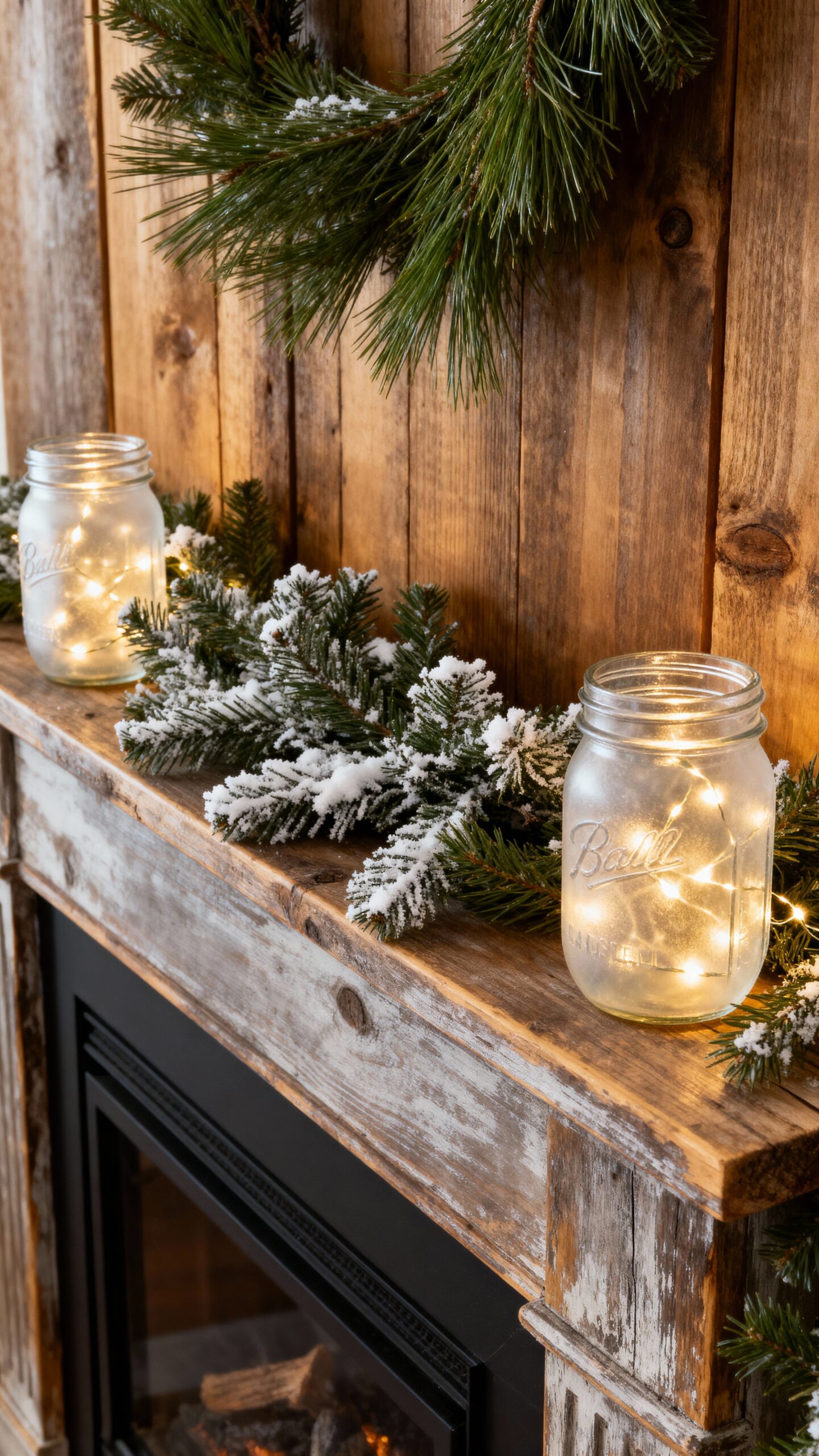 farmhouse style winter mantle decor with mason jars